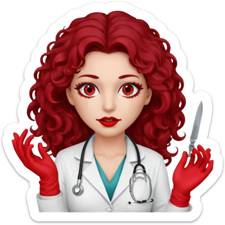 Lilith scalpel in hand, evil surgeon sexy surgeon clothes.  She has red eyes. She has dark brown long curly hair. Wears sexy doctor outfit with red gloves. Covers mouth neck and nose with red litham for Muslim woman sticker