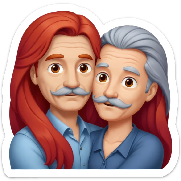 Long red hair woman and gray hair man with mustache and without wrinkles hugging sticker