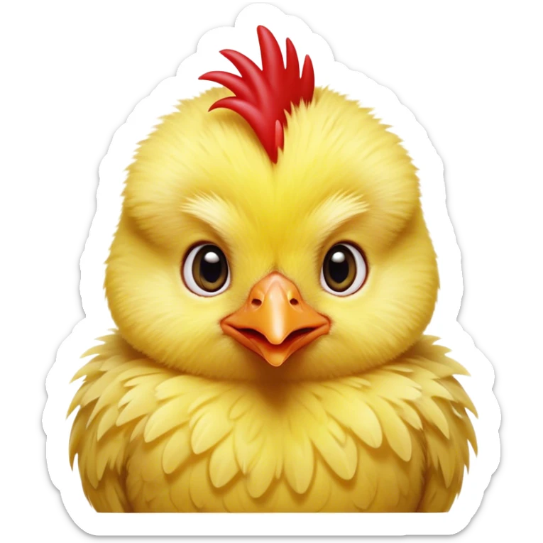Cinematic Cute Yellow Baby Chicken Portrait Emoji, Head tilted playfully and inquisitively, featuring a fluffy, vibrant yellow downy coat with a tiny red comb, round, sparkling beady eyes filled with curiosity, Simplified yet irresistibly adorable features, highly detailed, glowing with a warm, friendly glow, high shine, affectionate and lively, stylized with a touch of playful whimsy, bright and endearing, soft glowing outline, capturing the essence of a mischievous yet loving chick, so playful it feels like it could peep out of the screen and into your arms! sticker