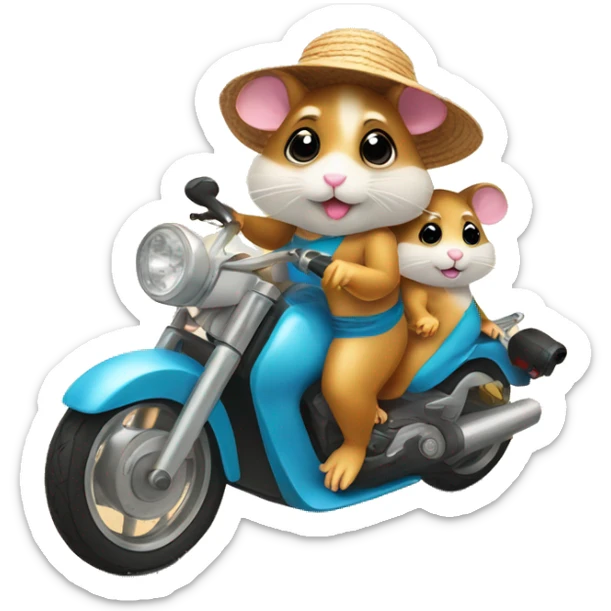 Two hamsters wearing swimwear and sun hat driving by motorbike on the beach sticker