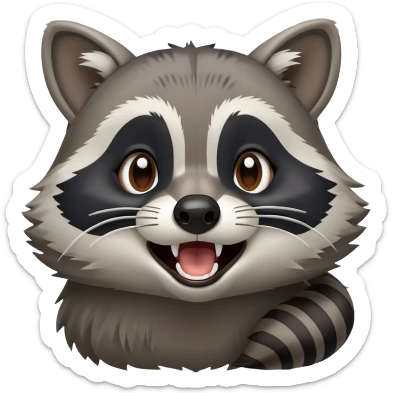 Cinematic-Cute-Yawning-Raccoon-Portrait-Emoji – Head tilted slightly with a dramatic, wide-open yawn, revealing a soft grey and black fur with a striped bushy tail, round brown eyes barely open in drowsy curiosity zoome out to show shoulders sticker