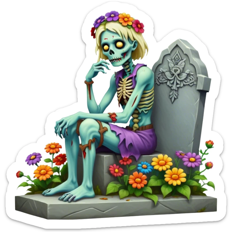 Cinematic ultra detailed 32k HD Psychedelic colored hippie style zombie with flowers sitting on a tombstone sticker