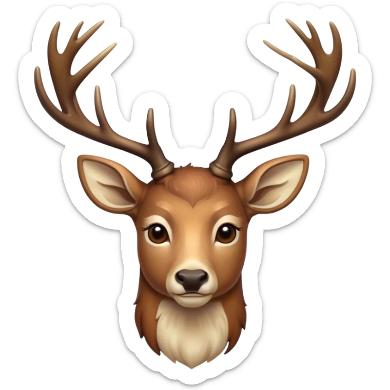 Cinematic Noble Deer Portrait Emoji, Poised and regal, with a graceful, slender build and a dappled coat of warm browns and creams, elegant antlers crowning its head, deep-set soulful gentle eyes, Simplified yet sharp and sophisticated features, highly detailed, glowing with a soft, dignified glow, high shine, intelligent and serene, stylized with an air of forest majesty, focused and attentive, soft glowing outline, capturing the essence of a watchful woodland guardian, so majestic it feels as though it could gracefully leap out of the screen with effortless authority! sticker