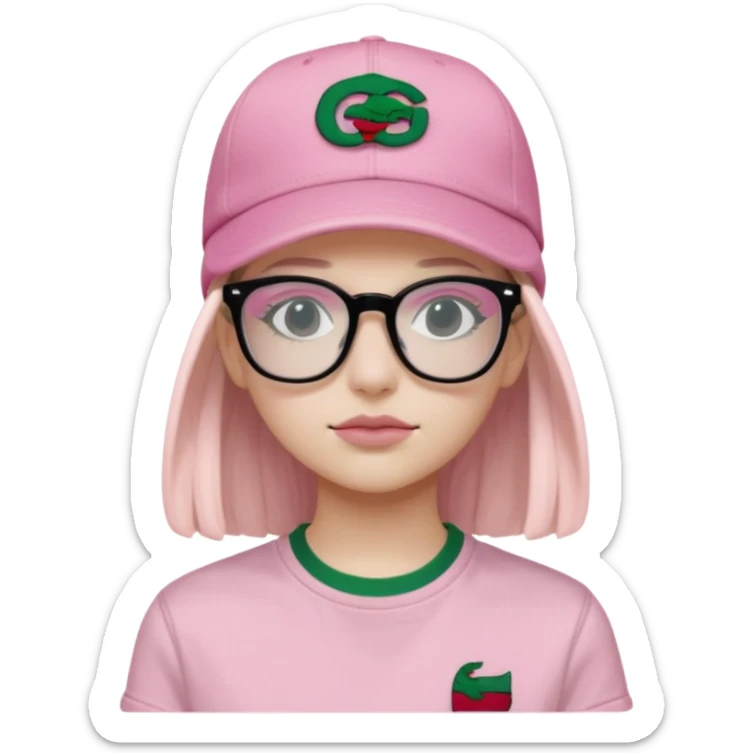 Adolescent Noir clair avec lunettes transparente rectangulaire et t shirt lacoste noir casquette gucci rose et expression neutre (uniquement buste) sticker