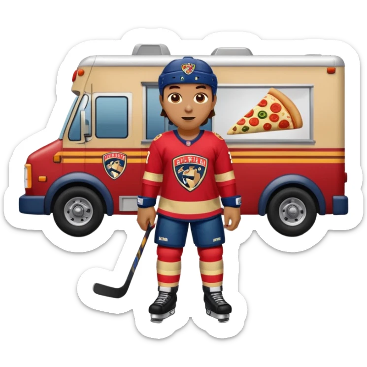 The galaxy with a with a Florida Panthers player
With a taco truck and a pizza truck with a house
With a museum behind it that has football players sticker