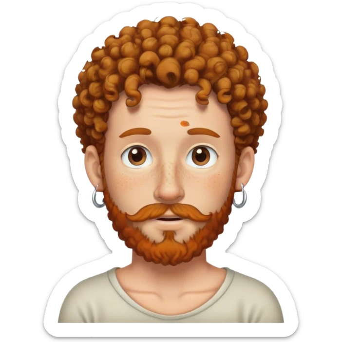 White man with freckles, curly hair, beard and earring on his nose sticker
