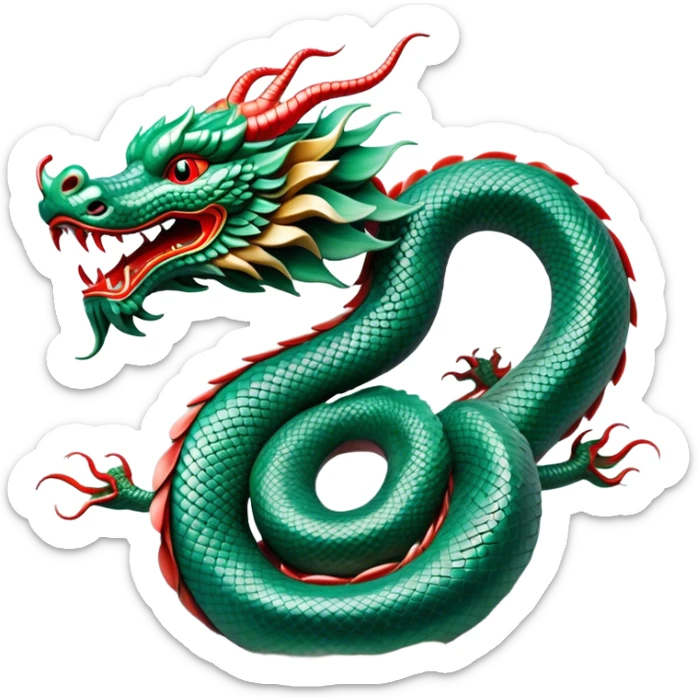 Cinematic Noble Chinese Serpent Dragon Portrait Emoji, Poised and majestic, with a sinuous, serpentine body adorned in intricately detailed scales of shimmering jade and soft vermilion, accented by delicate cloud motifs and subtle water ripple patterns; rendered with lifelike texture and gentle natural highlights, high shine, wise and enigmatic, styled with an aura of ancient dynastic grace, focused and regal, soft glowing outline, capturing the essence of a revered celestial dragon that appears ready to glide gracefully through the mists of time! sticker