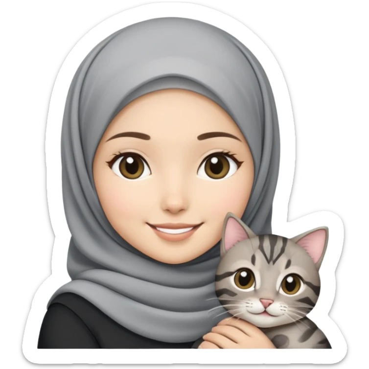Asian white girl wearing pretty hijab holding a black grey tabby cat with smiling sticker