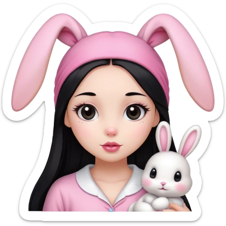 pretty girl, with straight long black hair, black eyes, long lashes, pink lips, wearing pink pajamas, and cute white bunny headband on her head and make it small sticker
