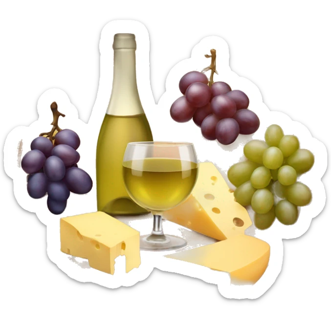 Circle wooden board with different kind of cheese, grapes and a glass of white wine sticker