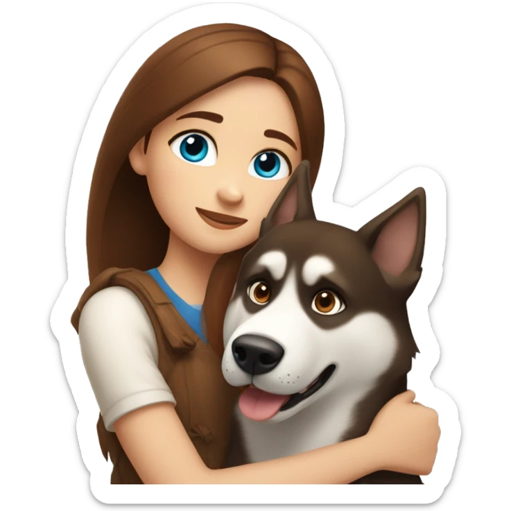a girl with blue eyes and brown hair hugs a husky dog ​​with brown eyes sticker