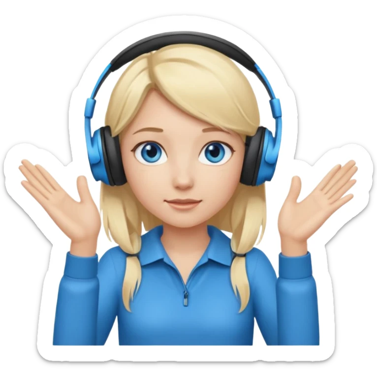 girl with blonde hair and blue eys with heands telling what, having heaphones on head sticker
