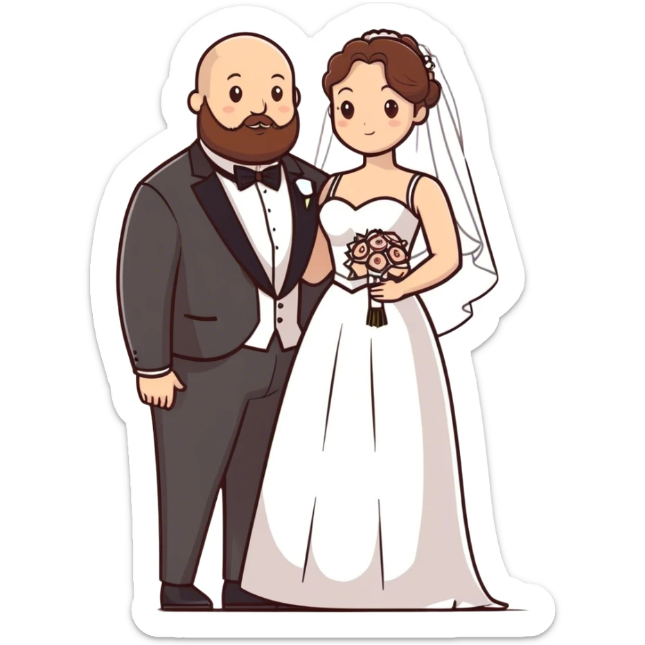 blue-eyed overweight bald man with a beard in a tux and brunette brown-eyed bride sticker