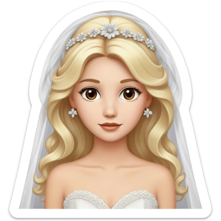 pretty blonde with brown eyes, long wavy hair, glamorous white tulle gown with 3D tulle flower embellishments, wedding veil, and diamond jewelry, highly-detailed sticker