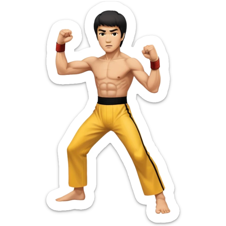 Bruce Lee in his iconic fighting stance with raised fists and martial arts pose sticker