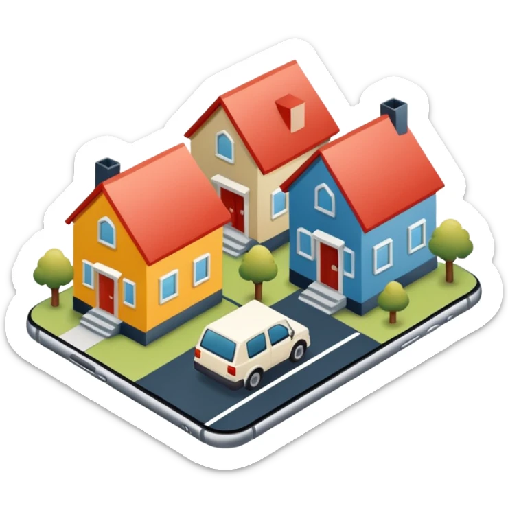 group of 3 houses representing neighborhood isometric houses on transparent background iphone like sticker