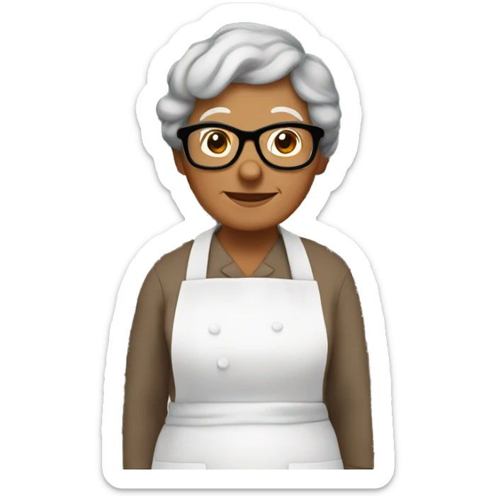 Little brown grandma with glasses in cooking apron with flowers sticker