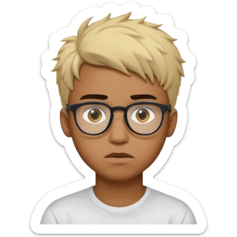Teenager. Short buzz, messy blonde hair. Dark brown bushy eyebrows large expressive golden-brown eyes, brown skin color, scar over nose, wearing a plain white t-shirt. wearing clear thick black glasses. 20 year old male. thinking facial expression. brown skin color.  sticker