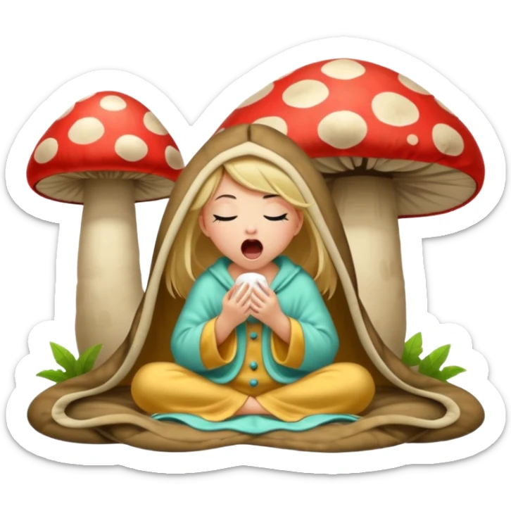 woodland spirit girl in mushroom pajama and oversized blanket yawning sticker