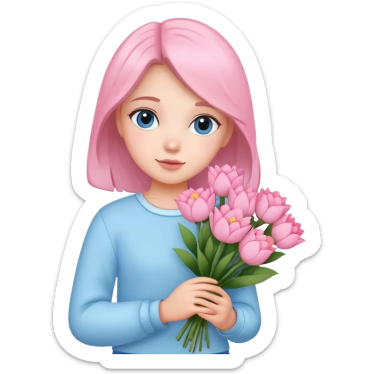 girl wearing pastel blue clothes holding a bouquet of pink flowers sticker