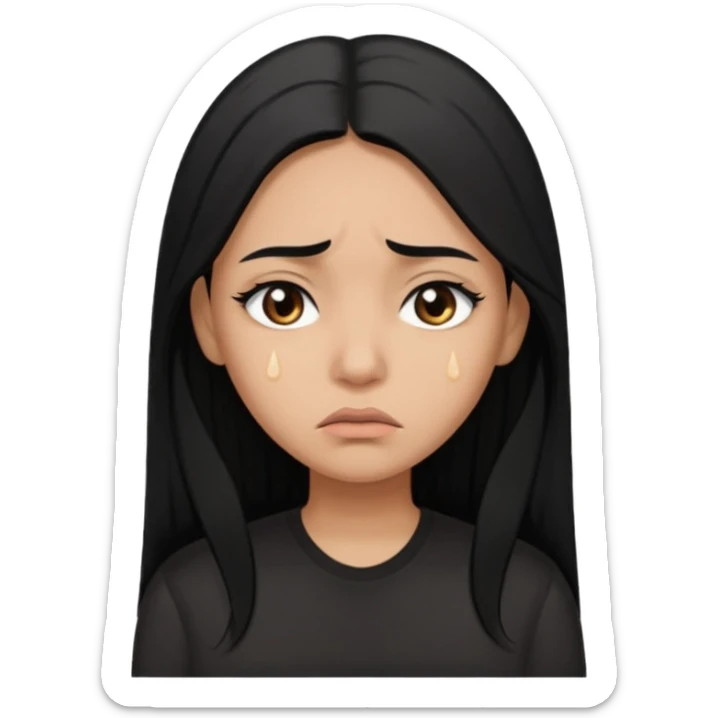 Sad crying woman with long straight black hair, brown skin tone, teardrops on face, worried eyebrows, neutral mouth sticker