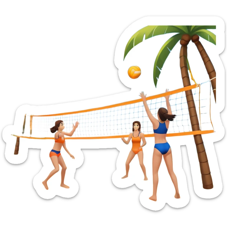 A volleyball resting on the orange sand of a beach, with a volleyball net in the background. The scene includes a beautiful beach landscape with blue sea, sky, and palm trees, while a couple of women in swimsuits play in the distance, capturing the relaxed yet competitive vibe of beach volleyball. sticker