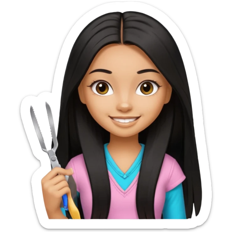 a pretty tan bratz girl with black long straight hair smiling and holding scissors sticker