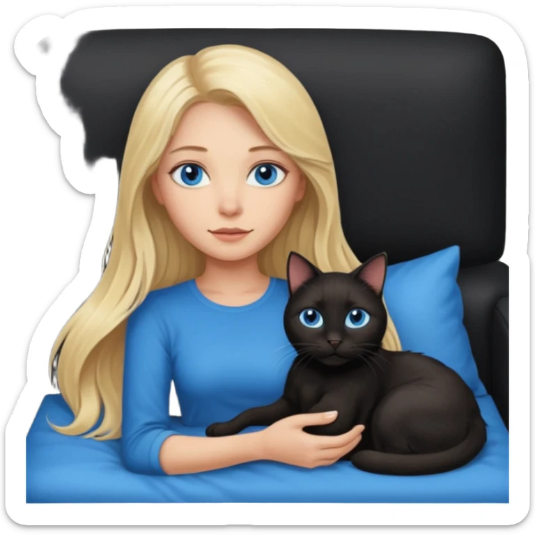 Blonde long hair female with blue eyes and hair she’s about 45 yrs old and she’s laying on a black couch bed with a black cat  sticker