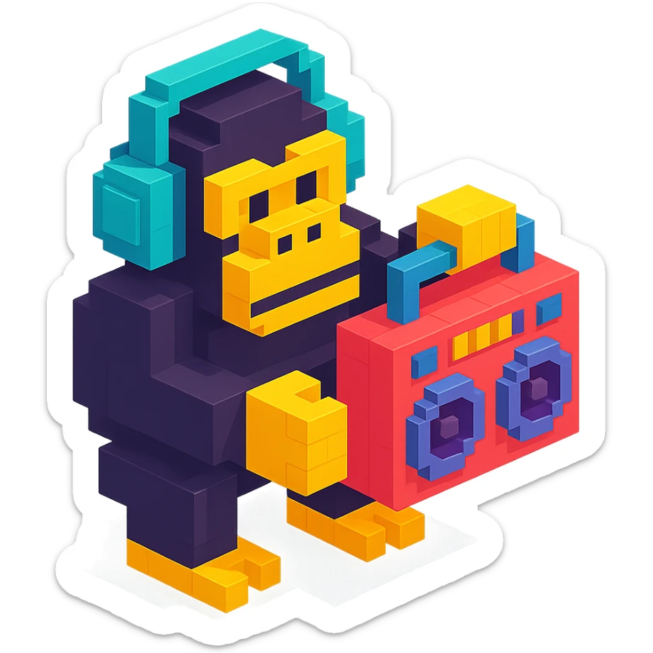 voxel style gorilla with headphones, holding a boombox, isometric view sticker