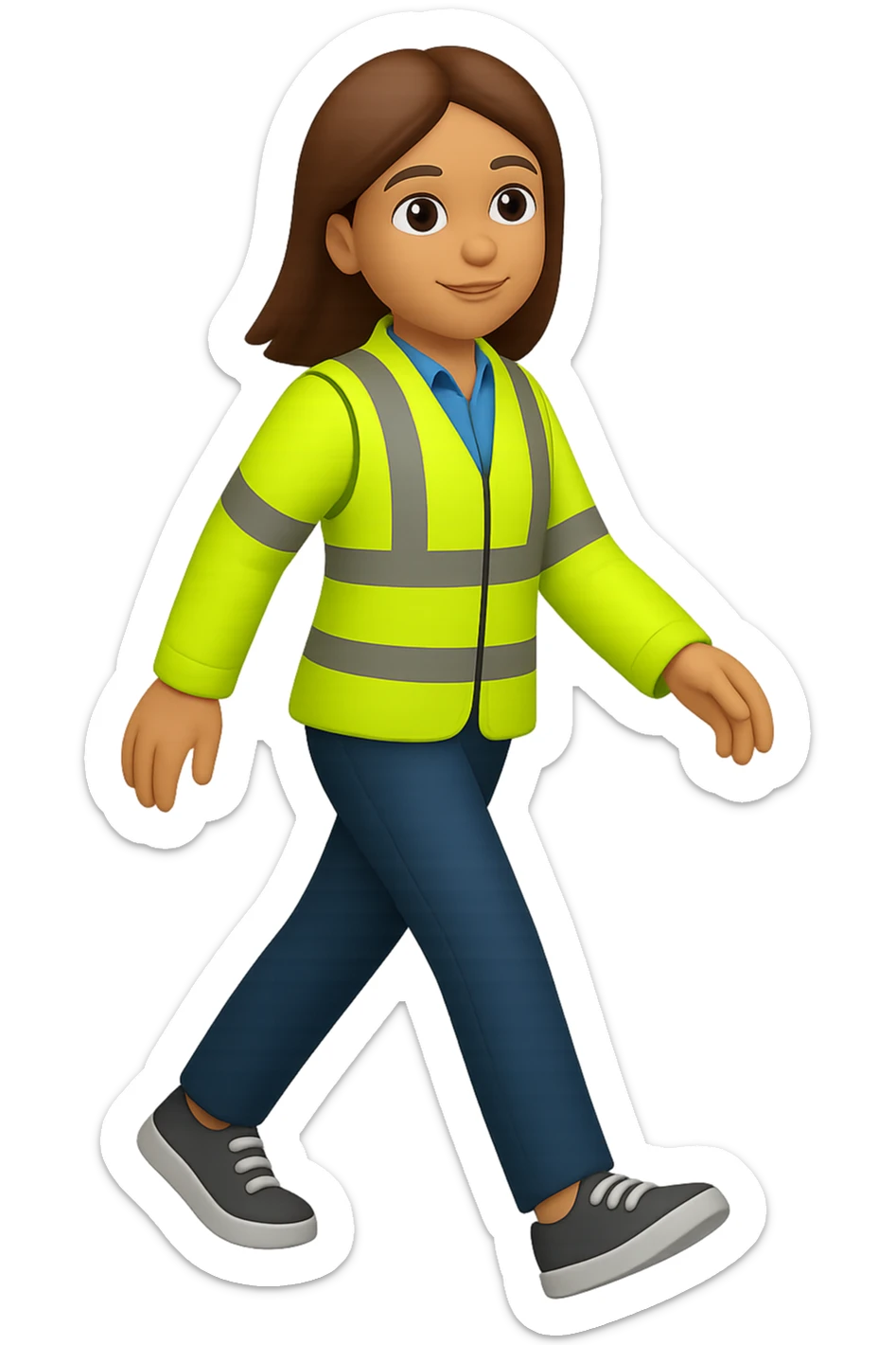 Edit the images to depict a full-body white female person walking, with shoulder-length brown hair, wearing a high-visibility vest, no hard hat, and trainers. The style should resemble apple style emojis with no background (transparent). sticker