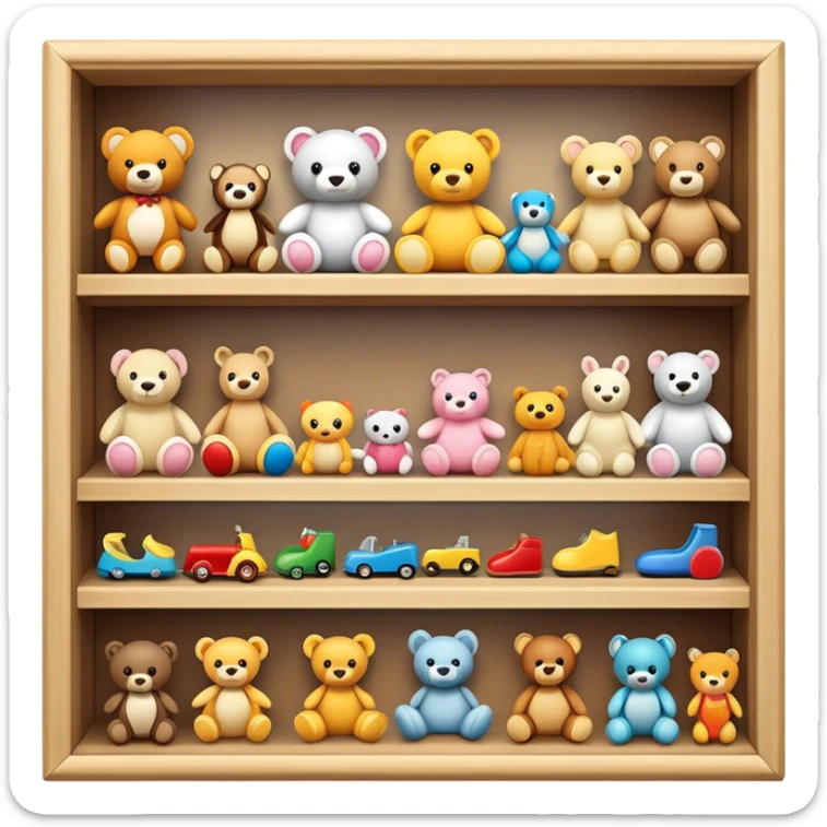 Icon for Toy Collecting: a collection of various vintage toys such as dolls, action figures, and plush animals, displayed neatly on shelves or in display cases. The icon should evoke the joy and nostalgia of collecting toys. Transparent background. sticker