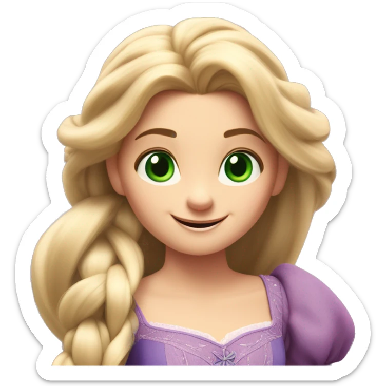 Rapunzel, in Tangled, has very long, shiny blonde hair, large green eyes, and a delicate face with a gentle smile. She wears a purple dress with puffed sleeves and radiates a joyful, curious, and innocent expression sticker
