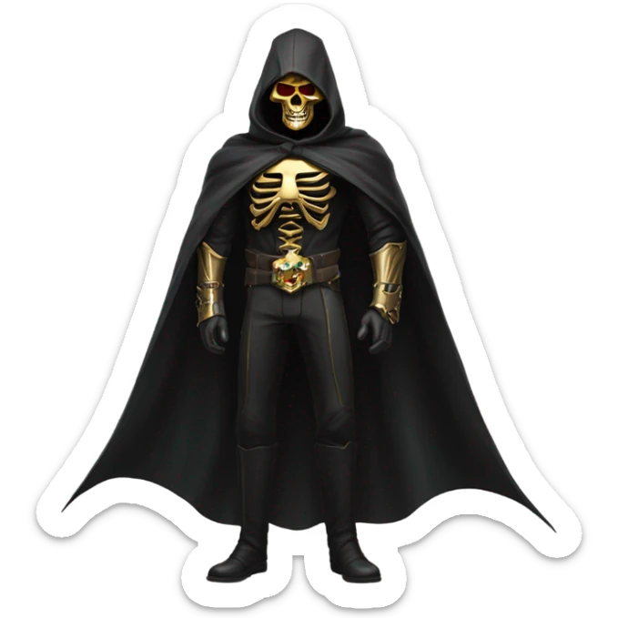 Bounty Hunter Boss with black cape and a gold skull jaw mask from death Stranding, full body view sticker