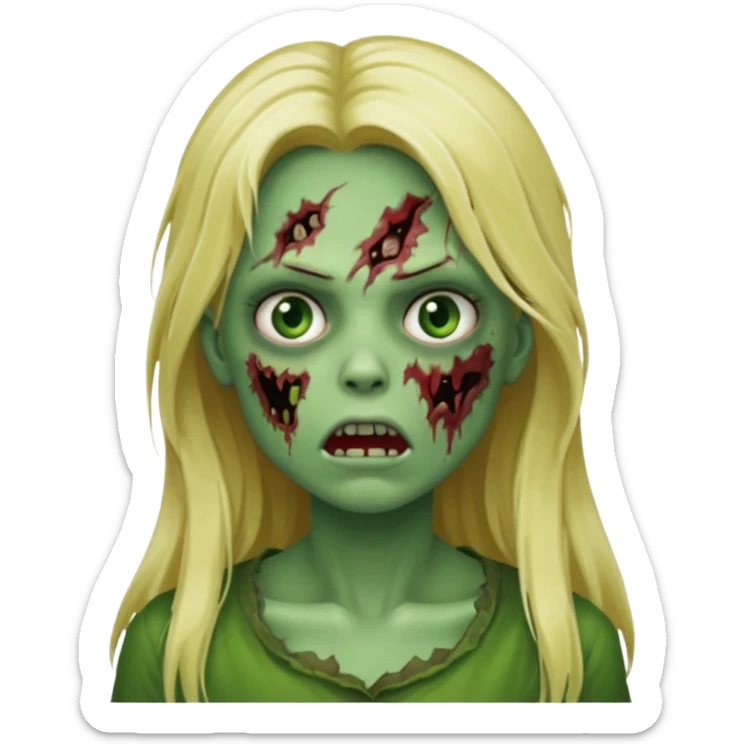 girl zombie with blonde long hair green skin and with no angry face and with the mouth closed sticker