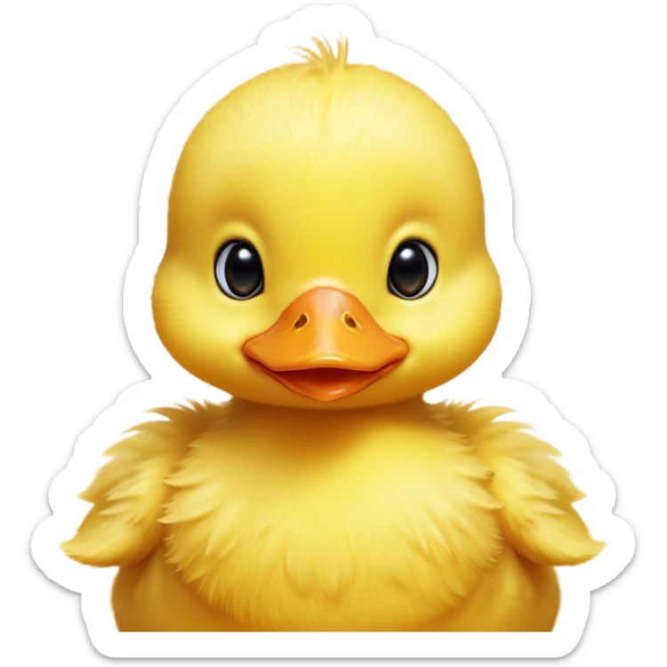 Cinematic Cute Yellow Baby Duck Portrait Emoji, Head tilted playfully and inquisitively, featuring a fluffy, vibrant yellow downy coat with a tiny delicate beak, round, sparkling eyes filled with curiosity, Simplified yet irresistibly adorable features, highly detailed, glowing with a warm, friendly glow, high shine, affectionate and spirited, stylized with a touch of playful whimsy, bright and endearing, soft glowing outline, capturing the essence of a mischievous yet loving duckling, so playful it feels like it could peep out of the screen and into your arms! sticker