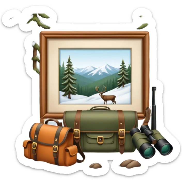 Icon for Hunting Tourism: a hunting rifle, binoculars, and animal tracks in the snow, with a forest background and a hunter’s backpack. The icon should represent the adventure and experience of hunting in nature. Transparent background. sticker