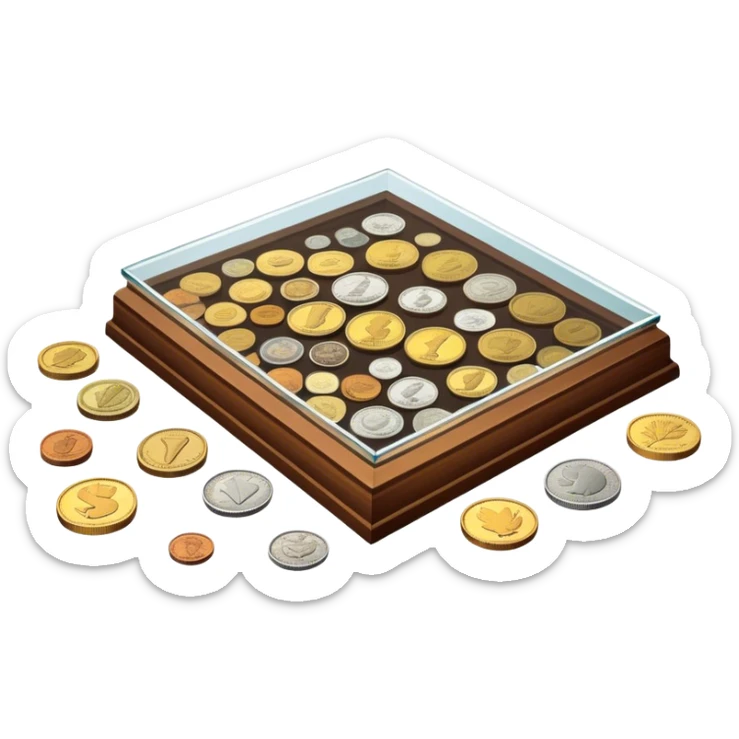 Icon for Coin Collecting: a collection of different vintage and modern coins of various forms and size, neatly arranged in a display case or on a table. The icon should highlight the diversity and historical value of coin collecting. Transparent background. sticker