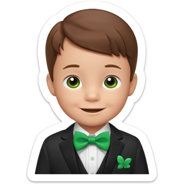 baby cute boy, brown hair in suit, with green bow, smile sticker