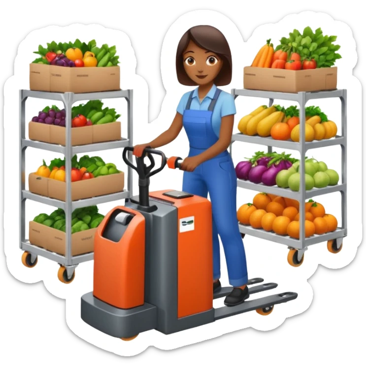 Femme sur un transpalette électrique, portant des canettes de fruits et de légumes sticker