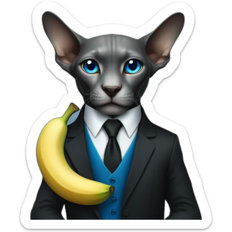 dark grey sphinx with bright blue eyes wearing black suit, holding banana in paws, portrait sticker