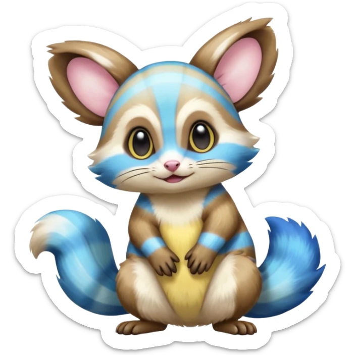 Realistic cute Neon-yellow and neon-cobalt-blue and cyan-gradients-striped Furret-Emolga-Genet-Purrloin-hybrid-fusion (full body) sticker