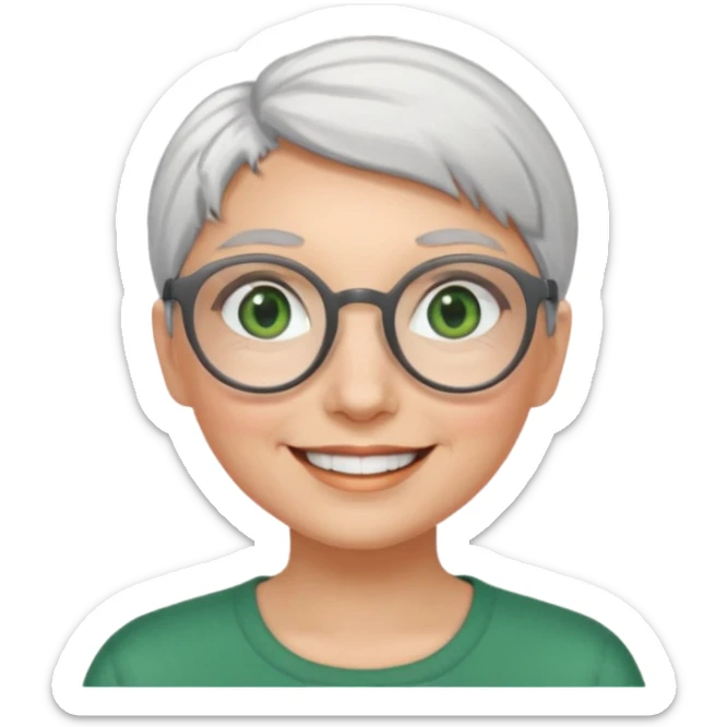 visage femme a lunettes ronde avec cheveux courts gris-blancs aux yeux verts qui souris sticker