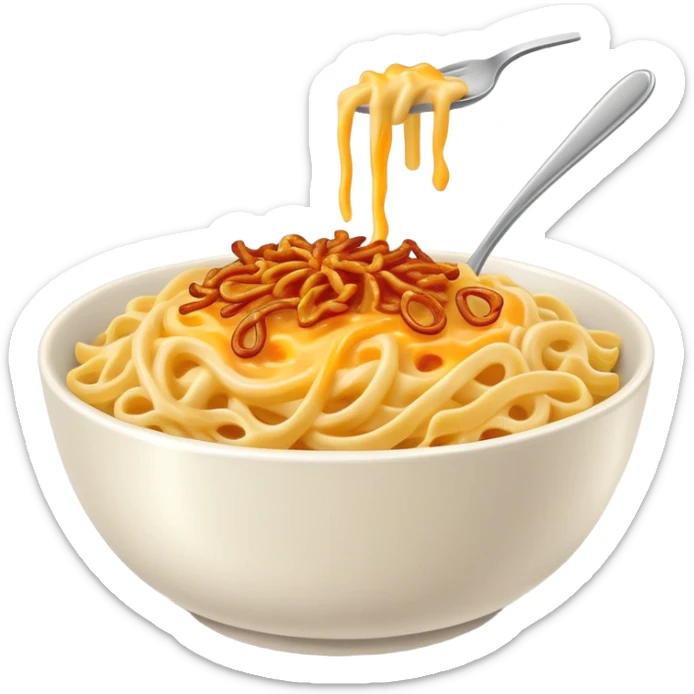 bowl of cheesy German noodles with melted cheese and crispy fried onions on top sticker