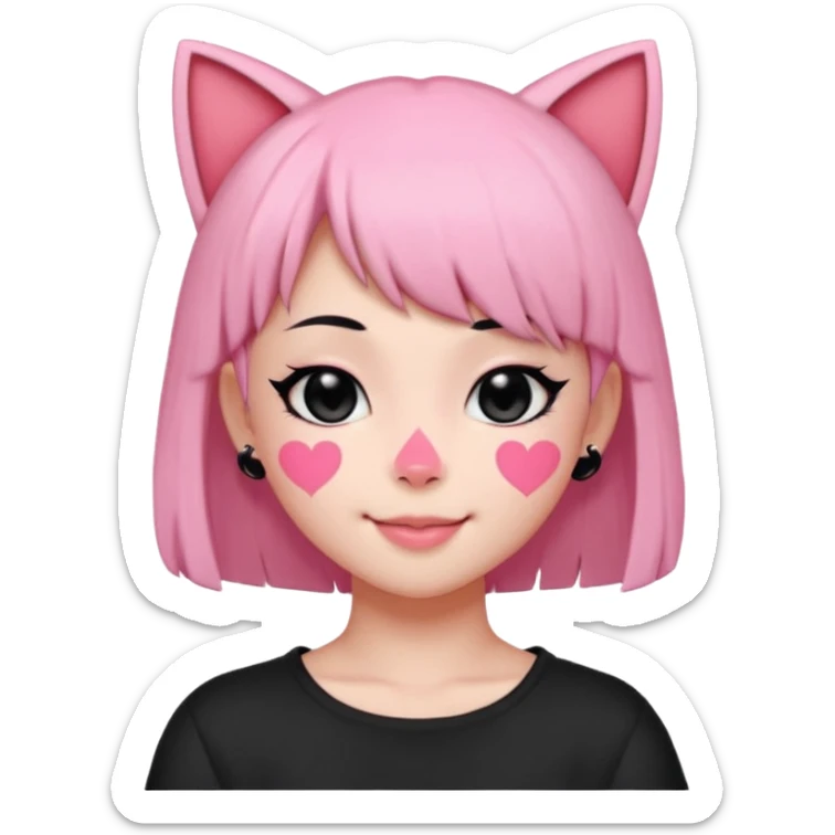Neko girl pink with black heart eyes black hair side swept bangs with a smile shaveds sticker