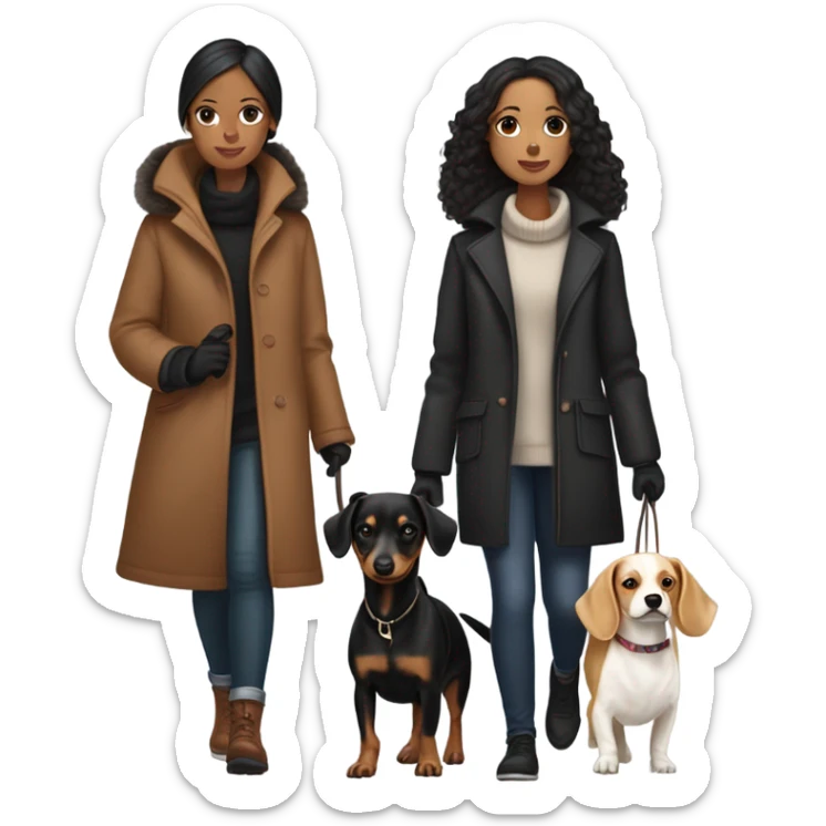 Two girls in winter coats walking- one with white skin black hair and the other with white skin and copper blonde hair with a brown and black dashedhound and the other with brown chihuahua  sticker