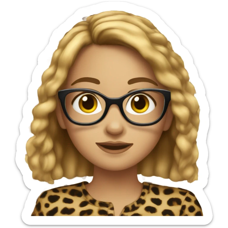 girl with brown hair and blonde highlights, cat eye glasses and cheetah print shirt sticker