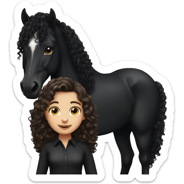 White girl, black shirt, long dark brunette curly hair, with  black arabian horse sticker