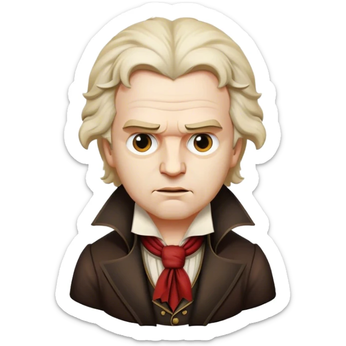 Cinematic Realistic Beethoven Portrait Emoji, depicted as a passionate composer with intense expressive features in period attire, rendered with rich textures and dramatic moody lighting that captures the turbulent genius of his music. sticker