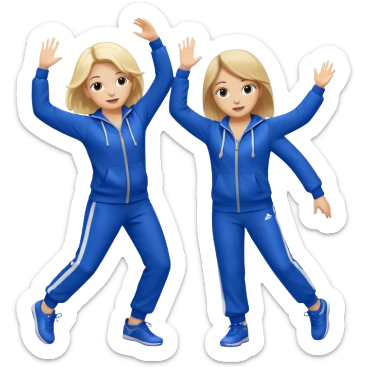 two girls dancing one is blond and one is brunette they are wearing royal blue track suits sticker