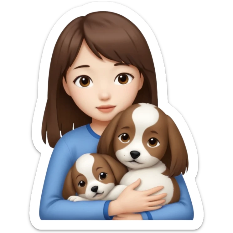 A fringe long hair asian girl brown hair with white skin hug with seymour puppy sticker